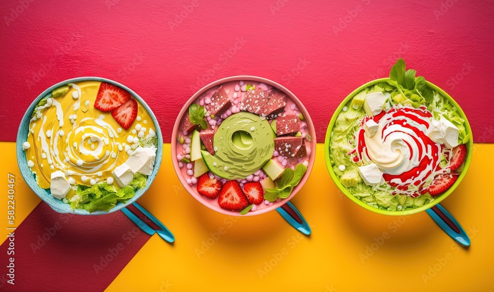  three bowls of different types of food on a yellow and pink surface with a red and yellow backgroun