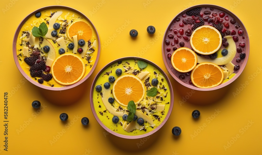  three bowls of food with oranges, blueberries, and yogurt on a yellow background with blueberries a