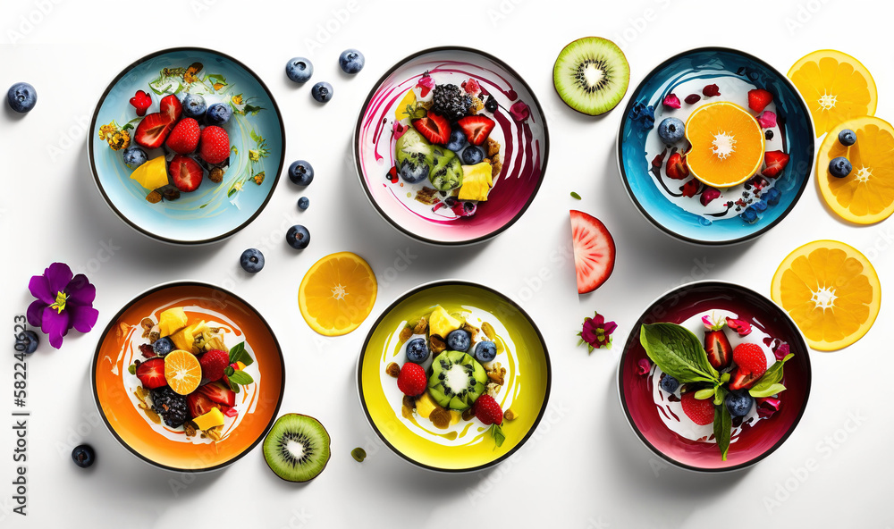  a table topped with plates of fruit and veggies next to sliced oranges and kiwis on top of each pla