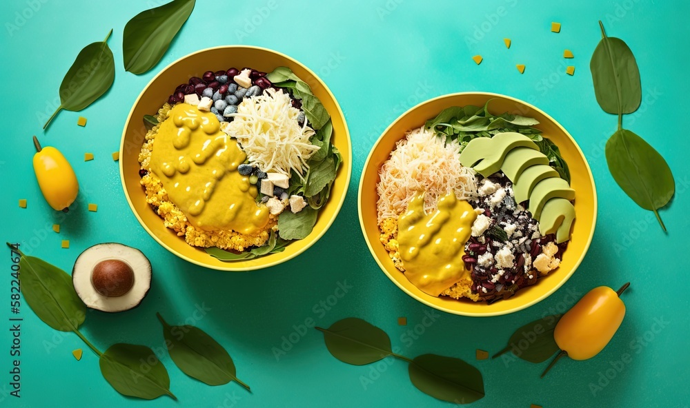  two yellow bowls filled with food on top of a blue table next to an avocado and lemons on the side 