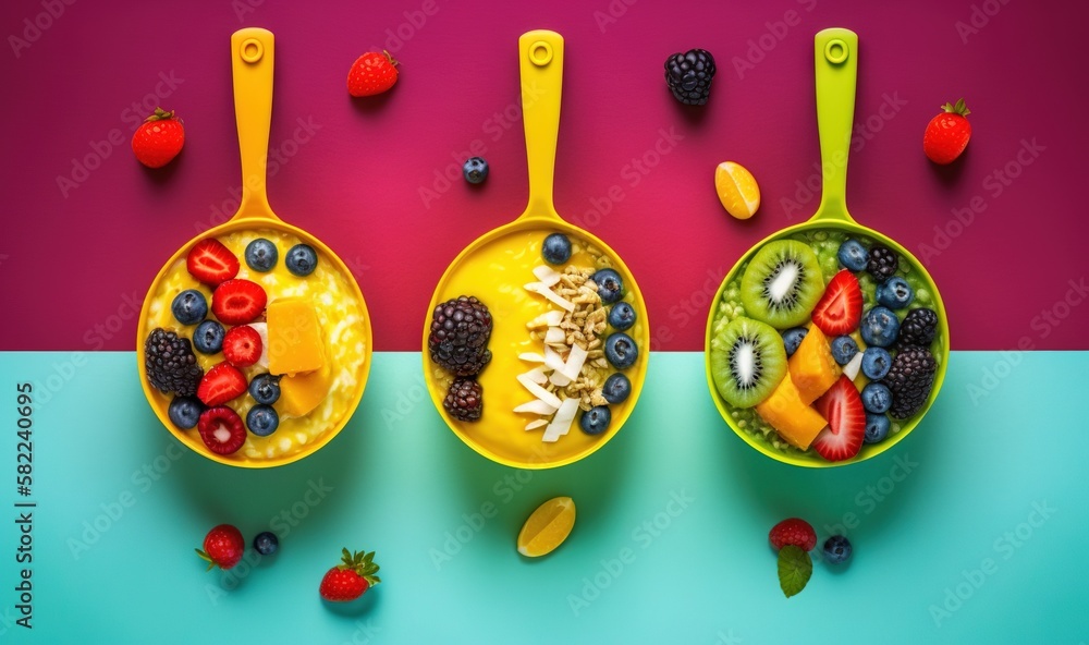  three spoons filled with different types of fruits and vegetables on a blue and pink background wit