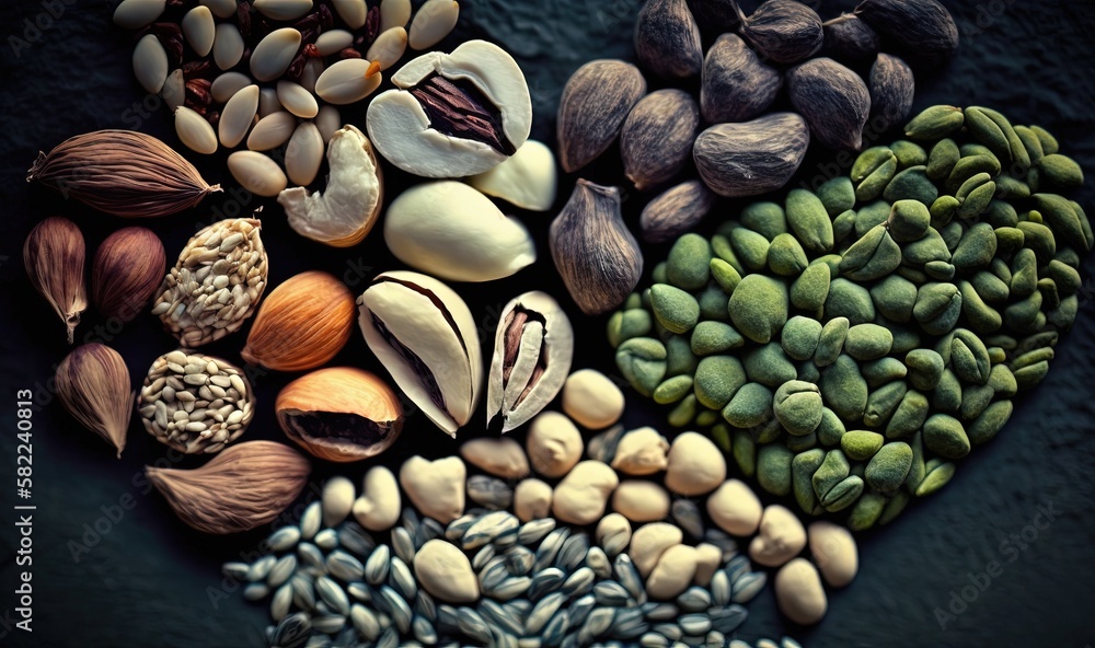  a variety of nuts and seeds are arranged in a circle on a black background, including almonds, pist