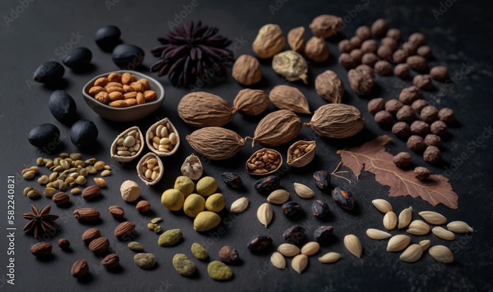  nuts, seeds, and leaves on a black surface with a spoon of nuts and a leaf on the side of the table