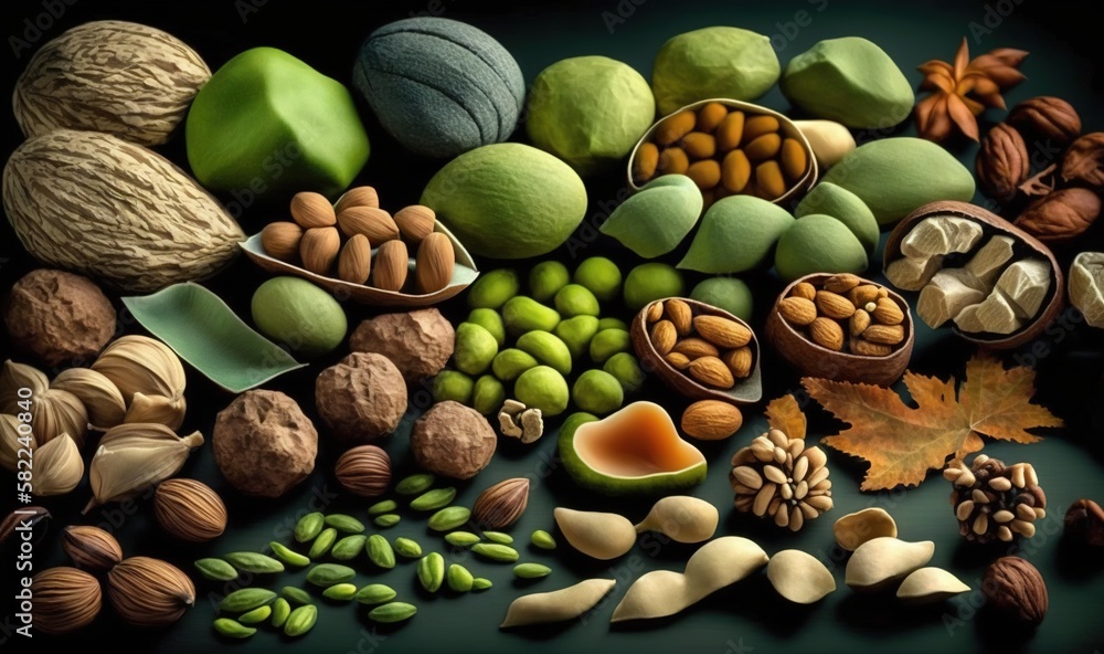  a painting of nuts and nutshells on a black background with a leaf and acorns on the left side of t