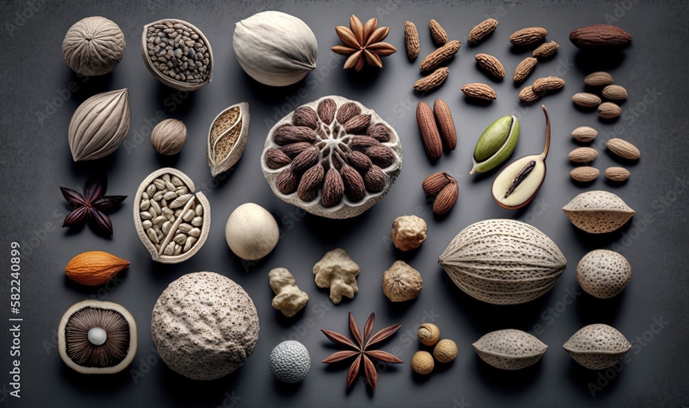  a variety of nuts and seeds arranged in a circle on a black surface with a dark background, top vie