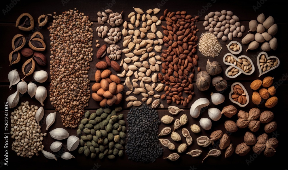  a variety of nuts and seeds are arranged in a row on a black background, with a black background be