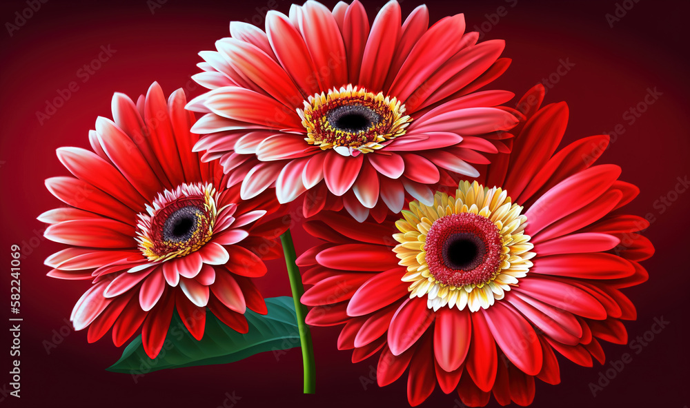  a painting of three red and yellow flowers on a red background with a green leaf in the middle of t