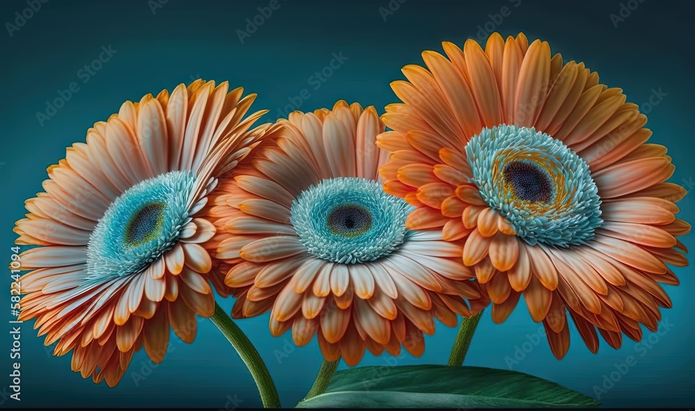  a painting of three orange flowers with a blue center and a green center with a green center and a 