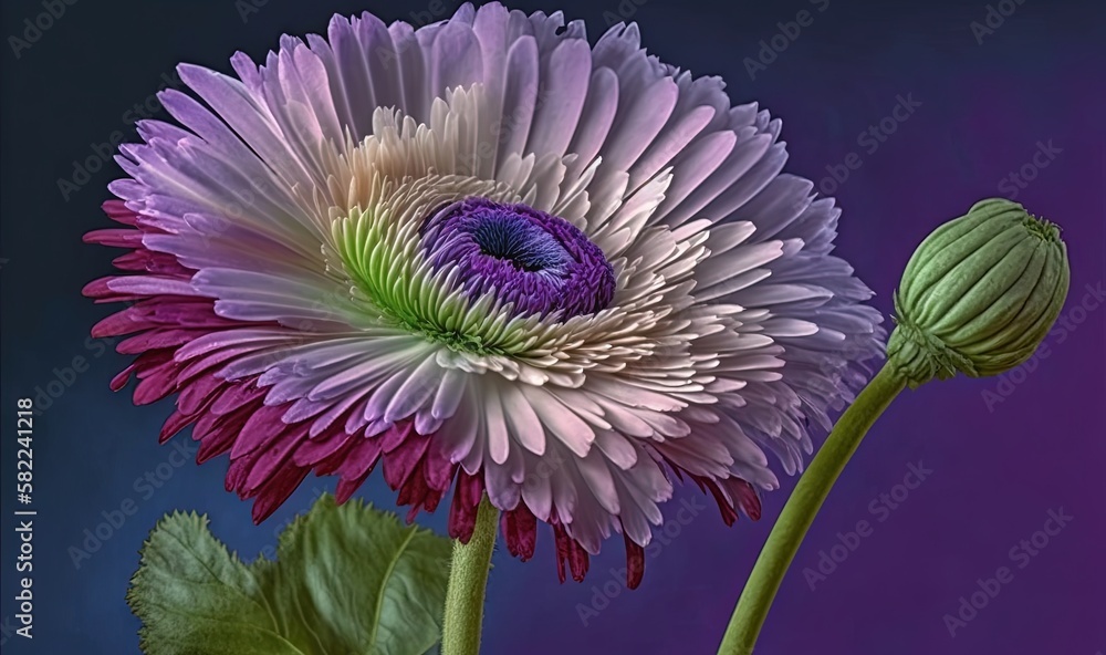  a close up of a flower with a blue background in the background and a purple flower with a green st