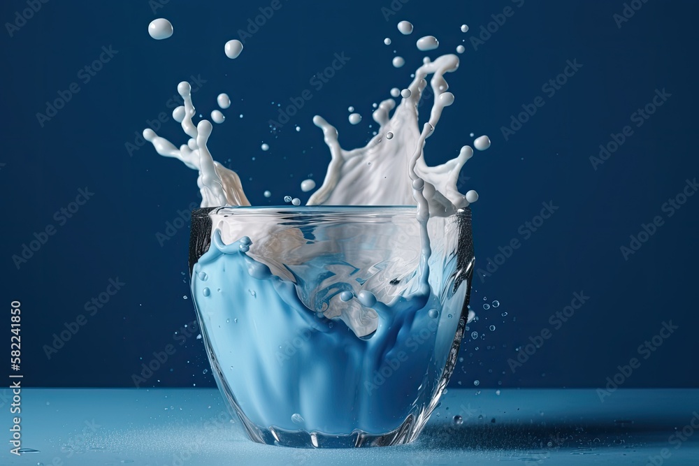 Blue backdrop with a milk splash. Generative AI