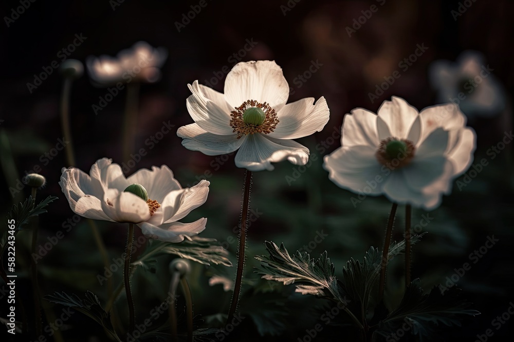 Beautiful anemone flowers on a dark evening in the macro close up light of the setting sun. Beautifu