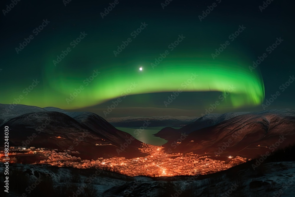 Lunar eclipse with the Northern Lights (Aurora borealis) in the sky over Tromso, Norway This images