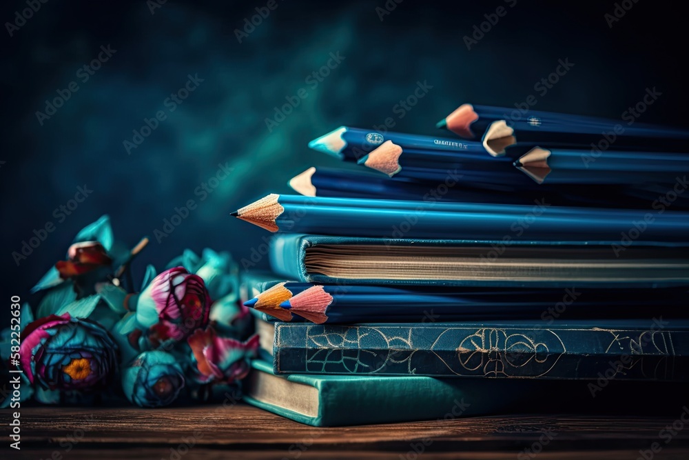 On a background of bright blue are old books and pencils. Knowledge, education, or the idea of natur