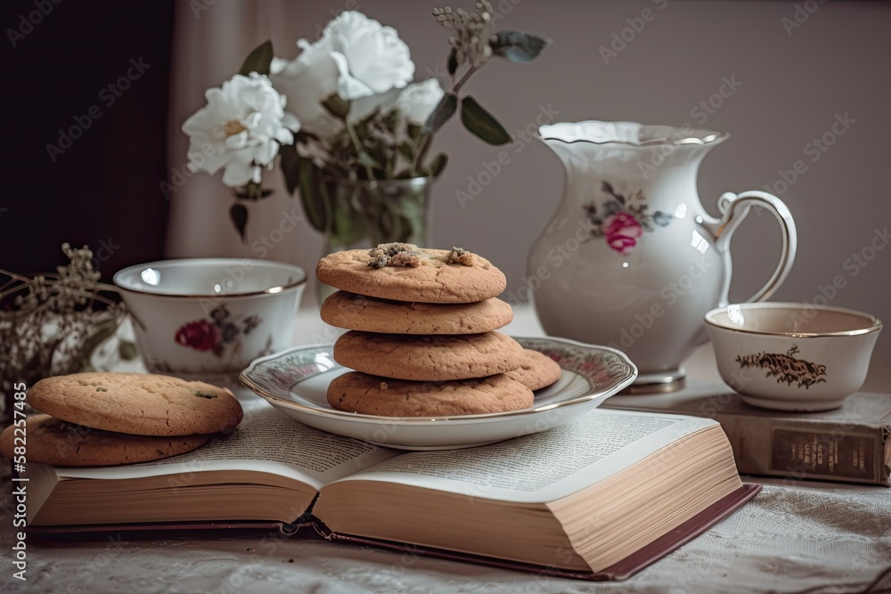 Coffee cup and cookies are on the table in the room. Generative AI