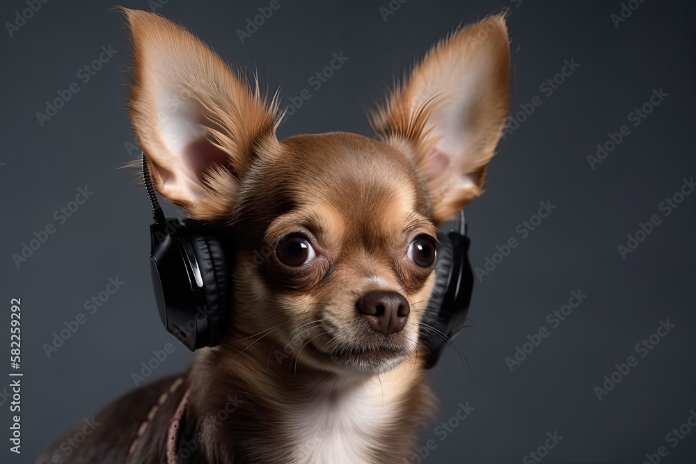 Chihuahua in the studio with his ears lowered, looking scared. Generative AI