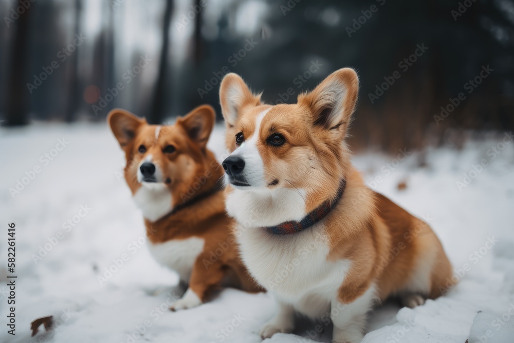 In a winter park, two adorable ginger Corgis sit in the snow. Generative AI