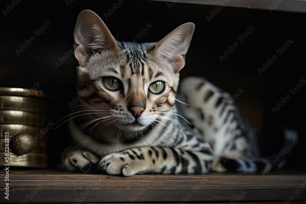 Bengal cat curled up on a shelf. Generative AI