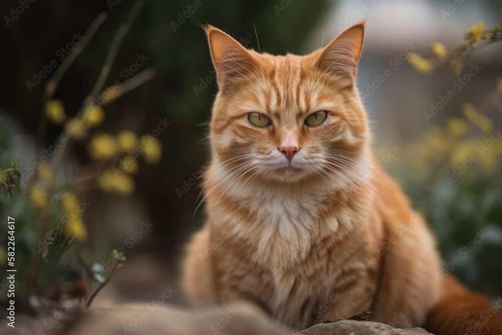 Beautiful ginger cat in garden portrait. views the camera. Generative AI