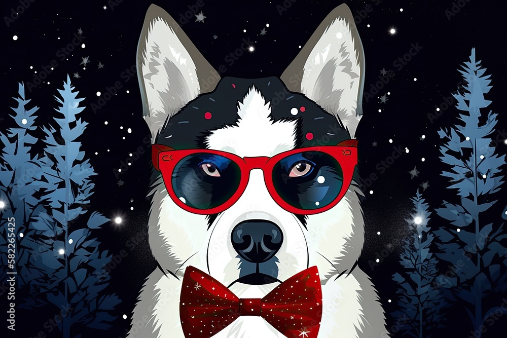 A canine husky sporting a holiday mask and bow tie. background of night stars. Generative AI