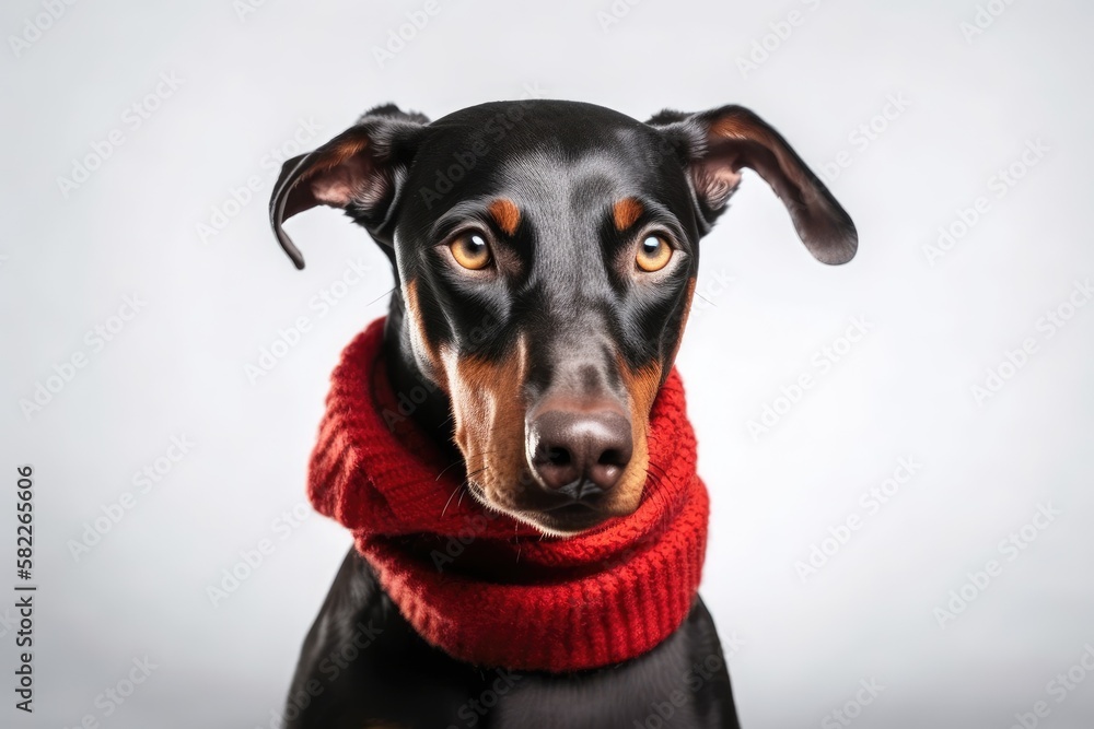 Doberman Pinscher dog breed on white backdrop with Santa Claus crown and red scarf. Generative AI