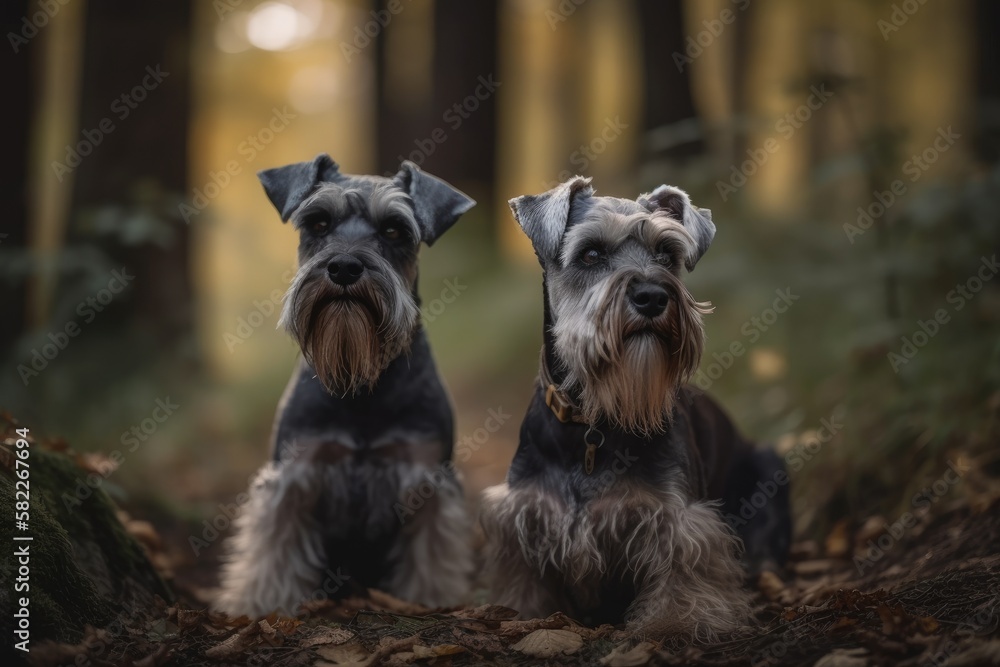 Miniature Schnauzer dogs in the Lennon Forest. Generative AI