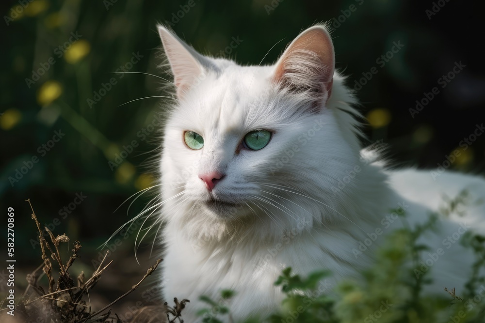 a white cat on a green backdrop. Generative AI