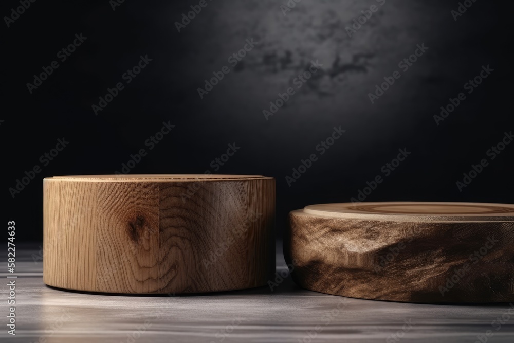 On a gray background, two empty round wooden podiums are used to display products. Mockup made of na