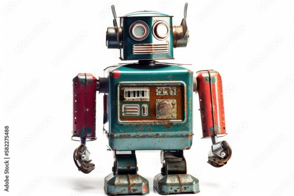 Vintage tin robot toy isolated on a white background. Generative AI