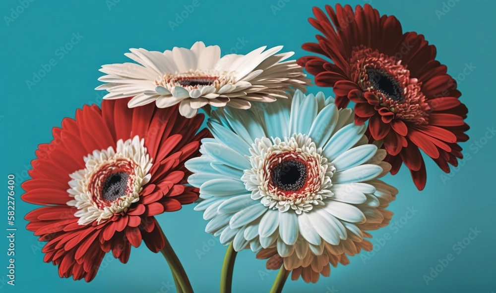  three red and white flowers in a vase on a blue background with a black spot in the middle of the f