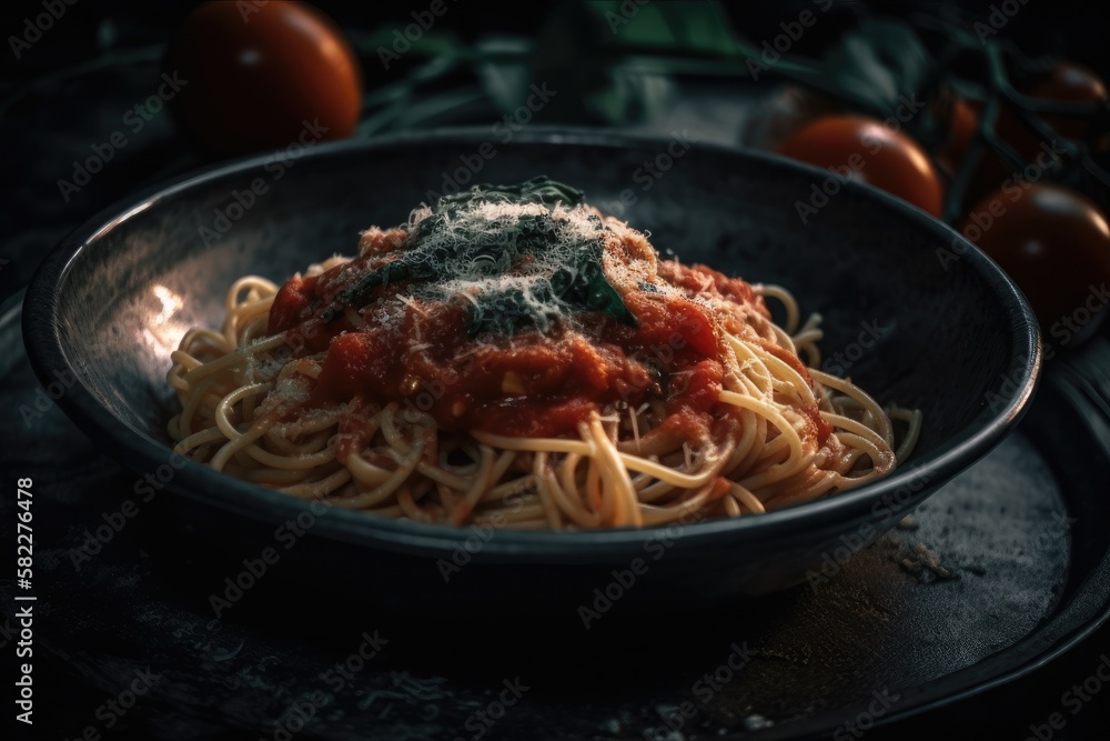 In a dark bowl, spaghetti and pasta with tomato sauce. stone that is gray in color. looking up. Up c