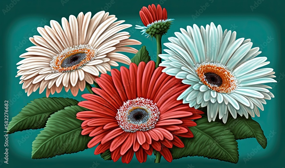  a painting of a bunch of flowers with leaves on a green background with a blue background and a gre