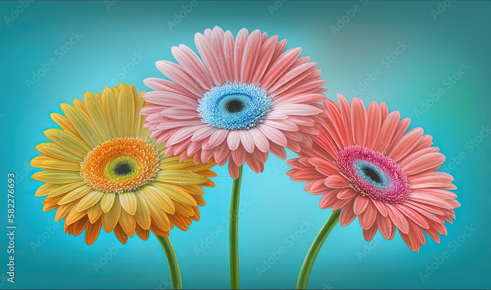  three colorful flowers with a blue sky in the background of the image is a painting of three differ