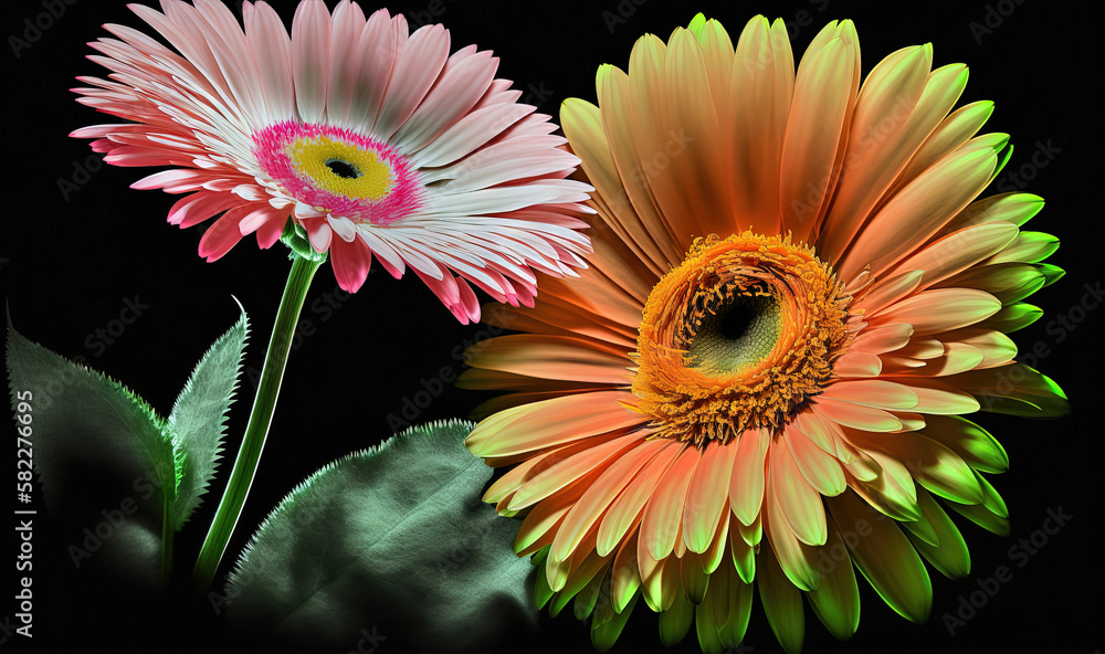  two colorful flowers with green leaves on a black background with a black background and a black ba