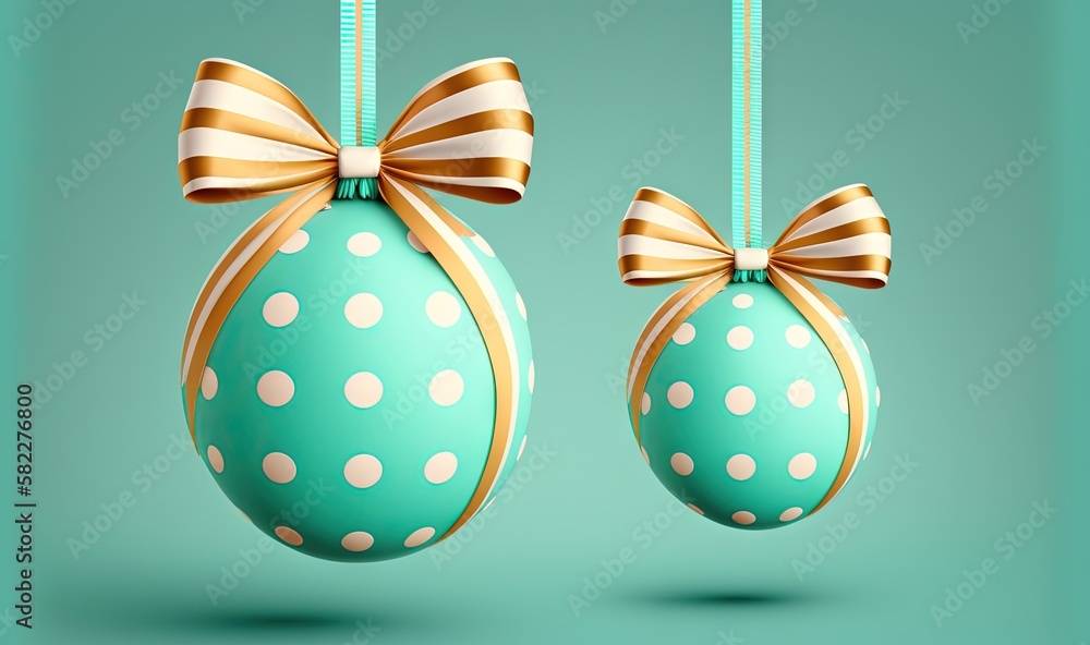  a blue and gold decorated egg with a bow hanging from its side on a string with a green background