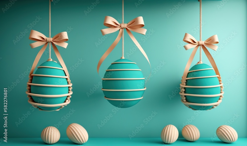  three easter eggs hanging from strings with bows and bows on them, with three eggs in front of them