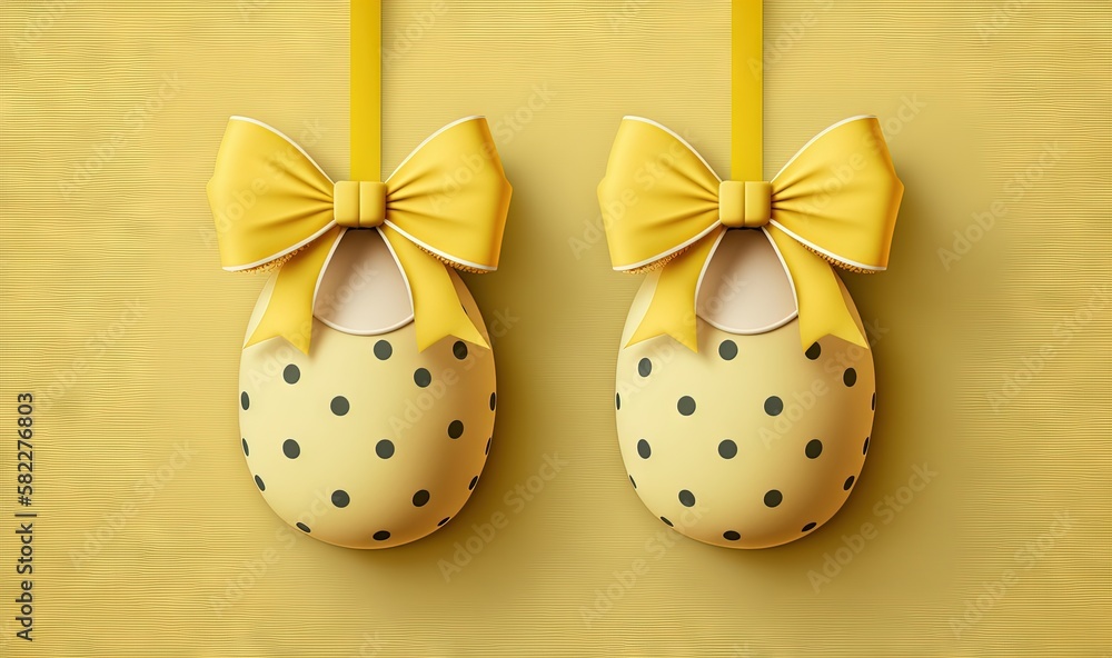  a pair of shoes with a yellow bow hanging from a hook on a yellow wall with a polka dot pattern and