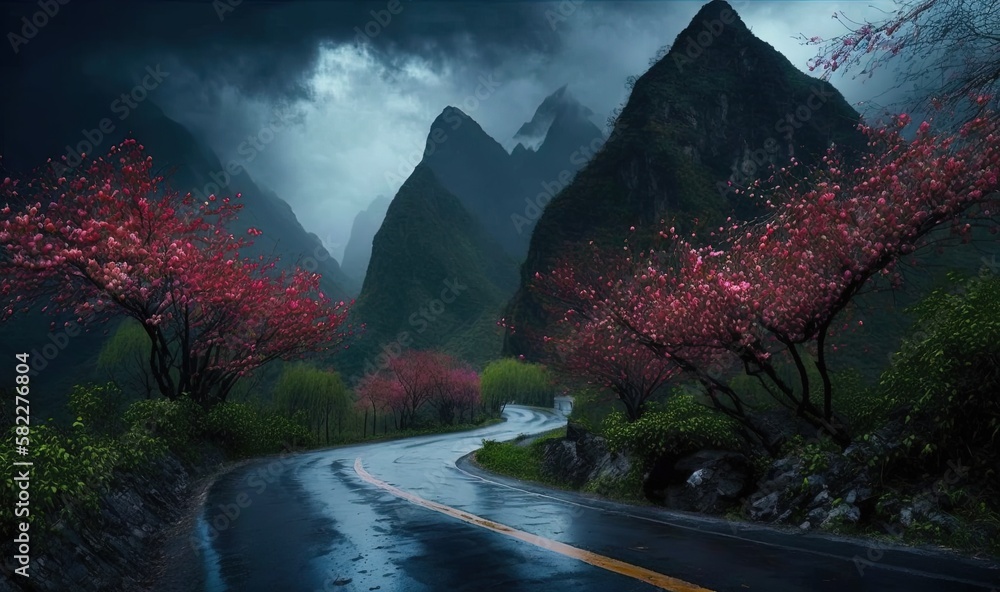  a painting of a road with mountains in the background and flowers on the side of the road in the fo