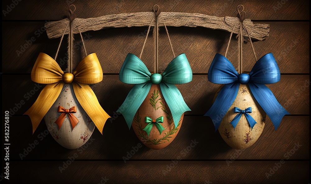  three decorated eggs hanging from a wooden wall with bows on them and a wooden stick hanging from t