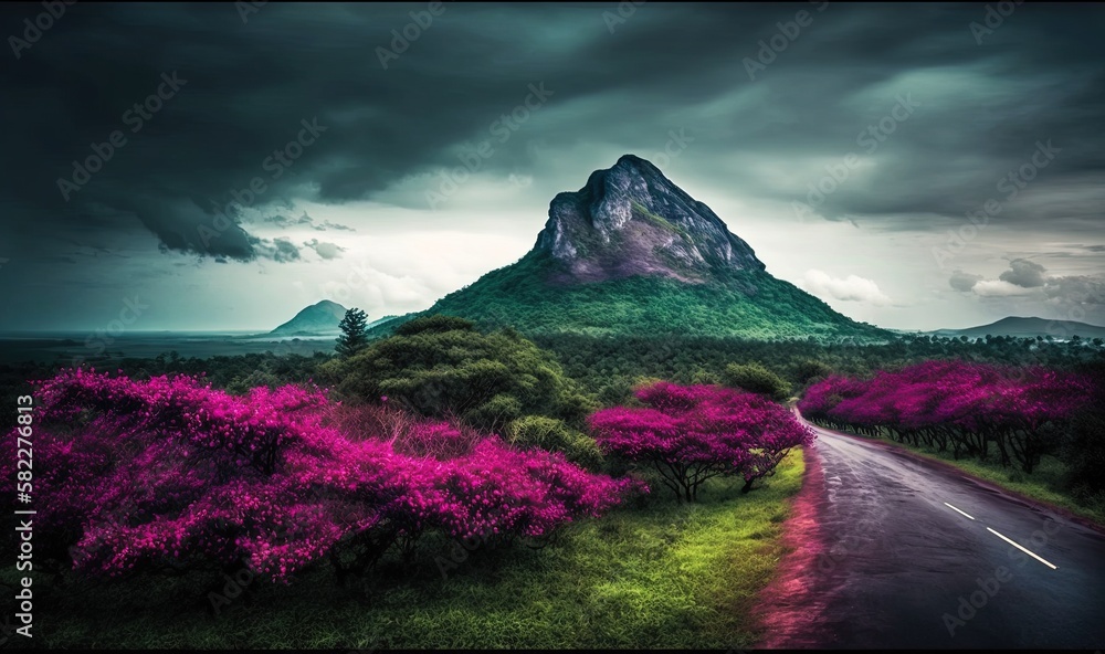  a road with a mountain in the background and pink flowers on the side of the road in the foreground