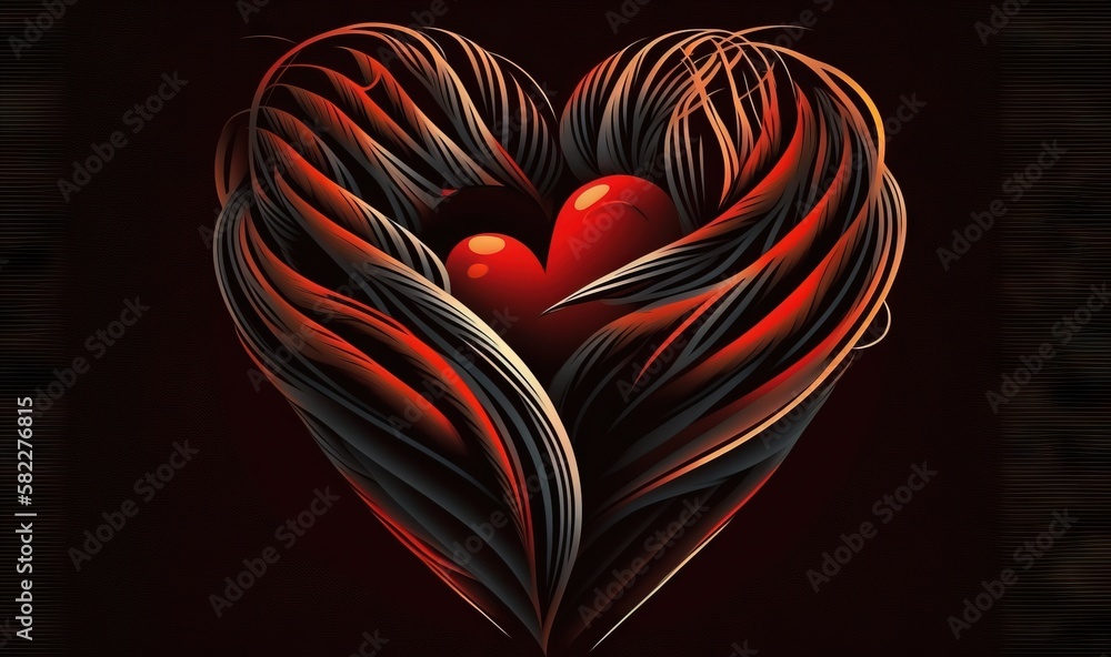  a red heart with two red hearts in the middle of it on a dark background with a black border around