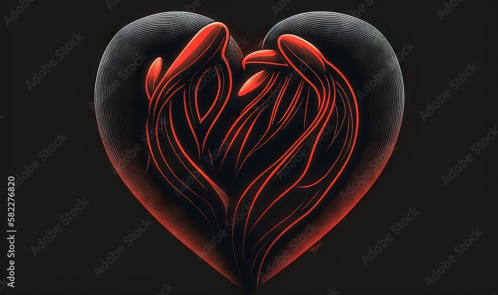  a red heart with two birds in it on a black background with a red background and a black background