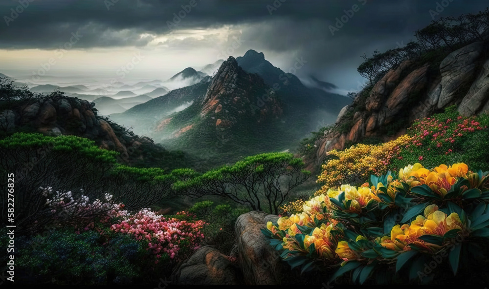  a painting of mountains and flowers in the foreground with a dark sky in the background with clouds