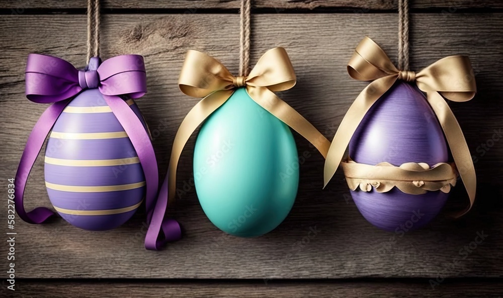  three decorated easter eggs hanging on a string with a bow on a wooden background with copy space f