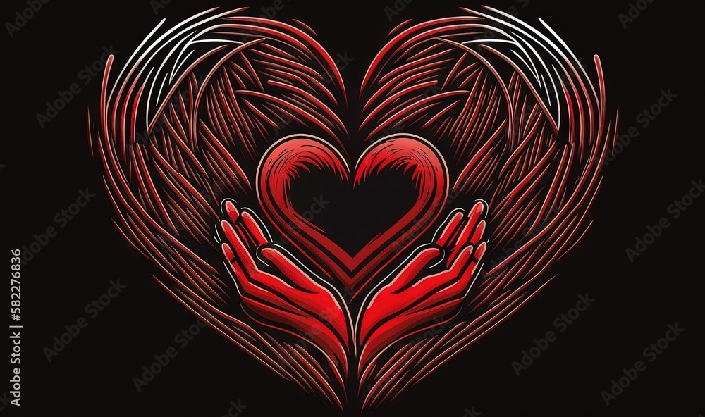  two hands holding a heart with wings in the middle of the heart on a black background with a red ba