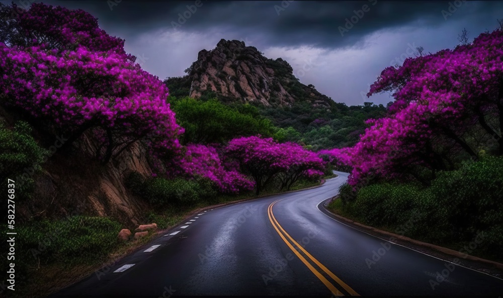  a road with purple flowers on the side of it and a mountain in the distance with dark clouds in the