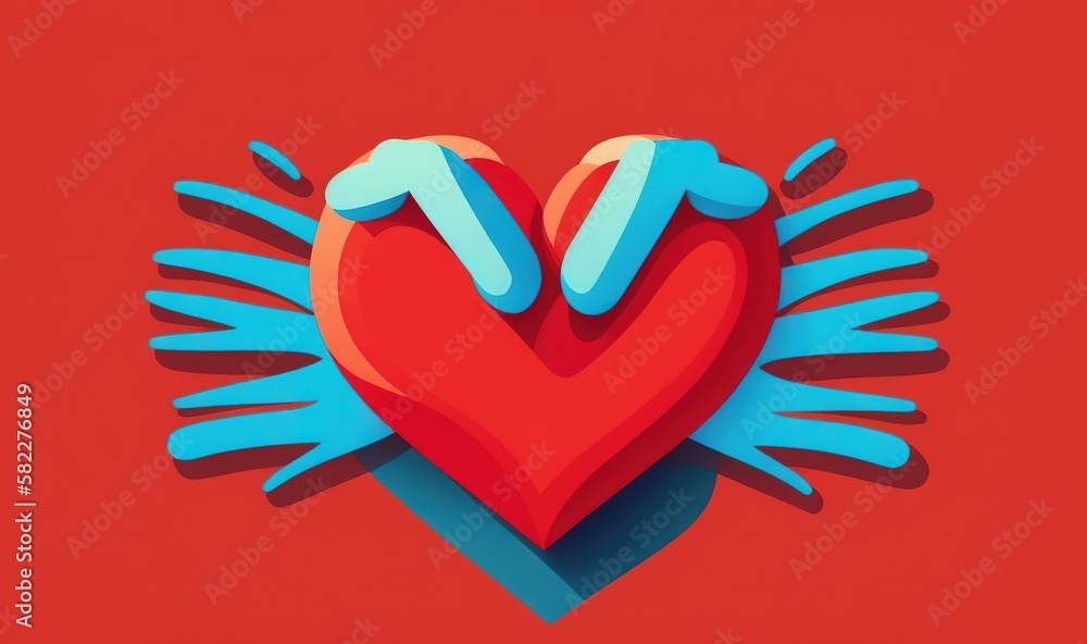  a red heart with blue hands surrounding it on a red background with a red heart in the middle of th