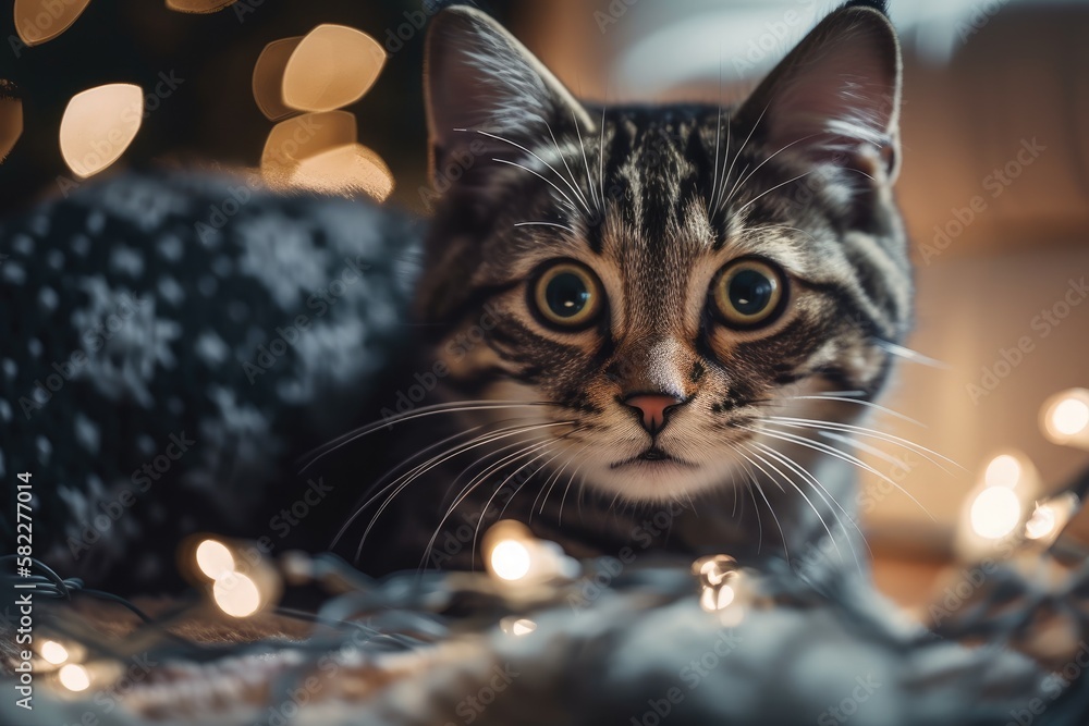 Cute cat cuddled up in a comfortable sweater holding a pine cone against a backdrop of holiday light