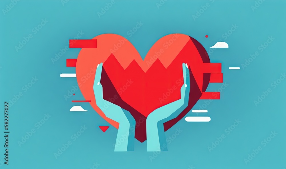  two hands holding a heart in the middle of a blue and red background with a red heart in the middle