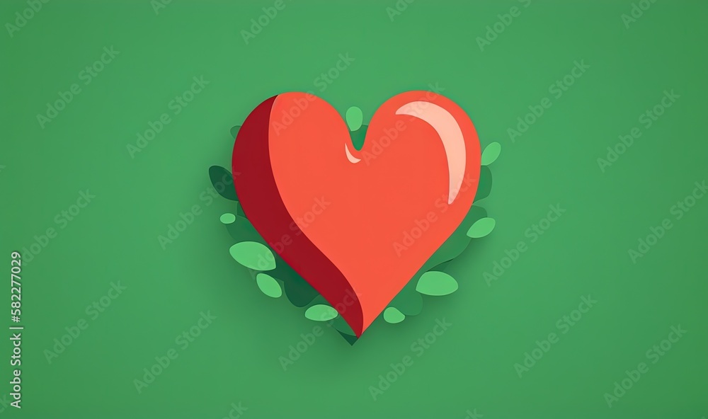  a red heart with green leaves on a green background with a shadow of the heart on the left side of 