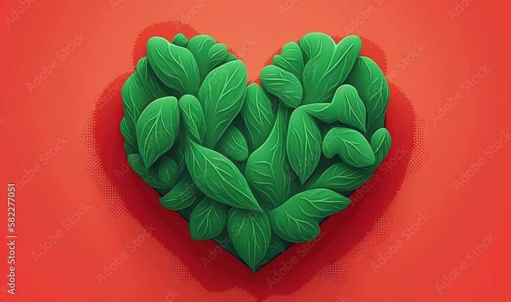  a heart shaped plant with leaves on a red background with a red background and a red background wit